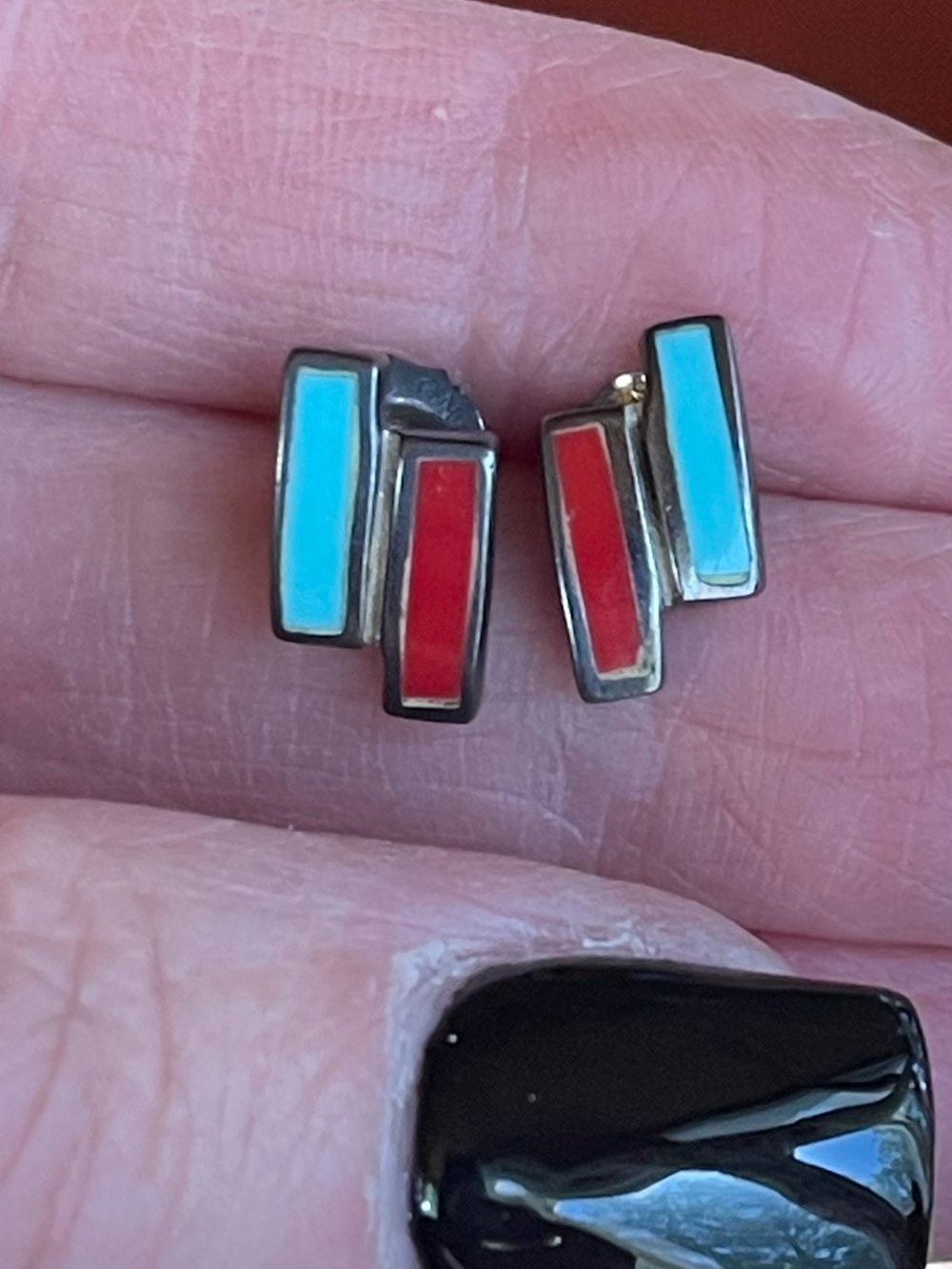 SX Thailand Sterling Silver Turquoise Coral Inlay Stud Earrings